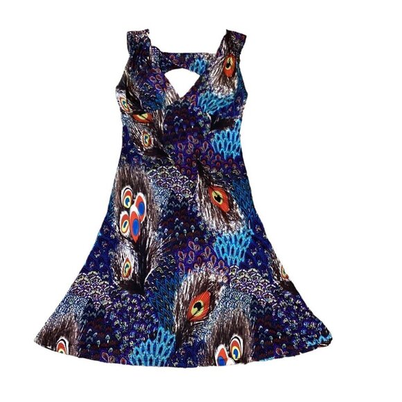 Colorful Novelty Peacock Print Slinky Sleeveless Dress Cutout Back S/M 75S - Picture 2 of 5